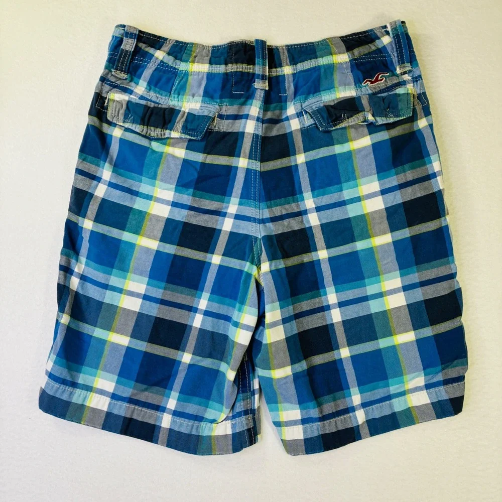 Hollister Mens Blue Plaid Flat Front Chino Shorts Button Fly 30 32